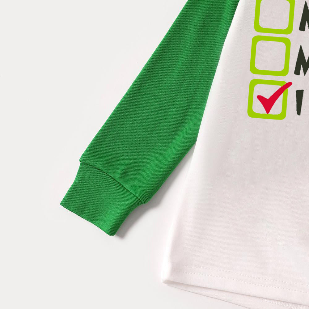 Christmas "Naughty&Nice& I Tried" Letter Print Patterned Casual Long Sleeve Sweatshirts Green Contrast Tops and Black and Green Plaid Pants Family Matching Raglan Long-sleeve Pajamas Sets With Pet Bandana