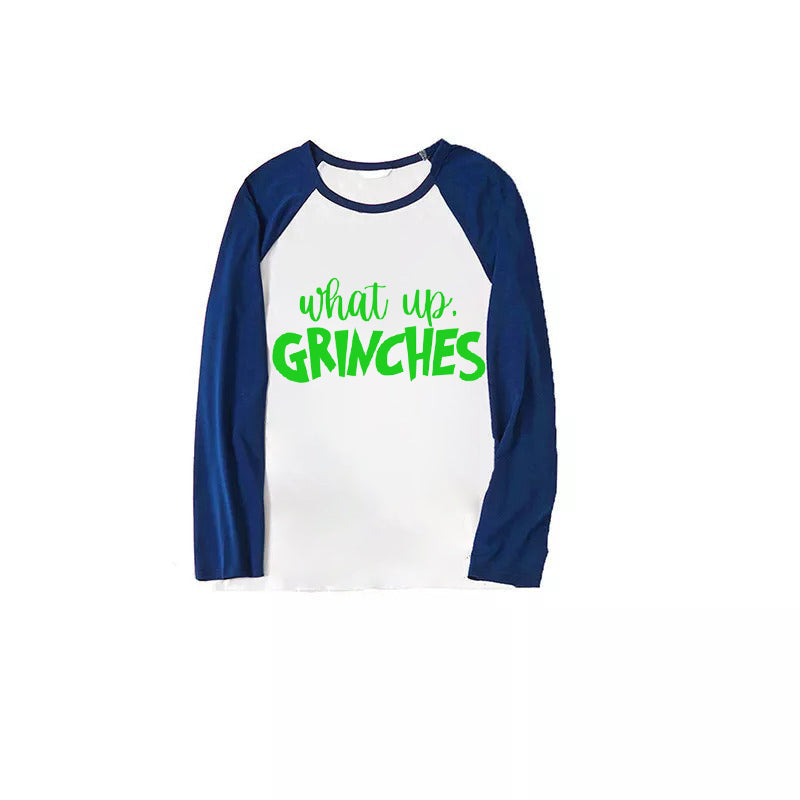 Christmas Cute Cartoon Face and 'What Up' Letter Print Casual Long Sleeve Sweatshirts Contrast Blue & White Top and Black and Blue Plaid Pants Family Matching Pajamas Sets
