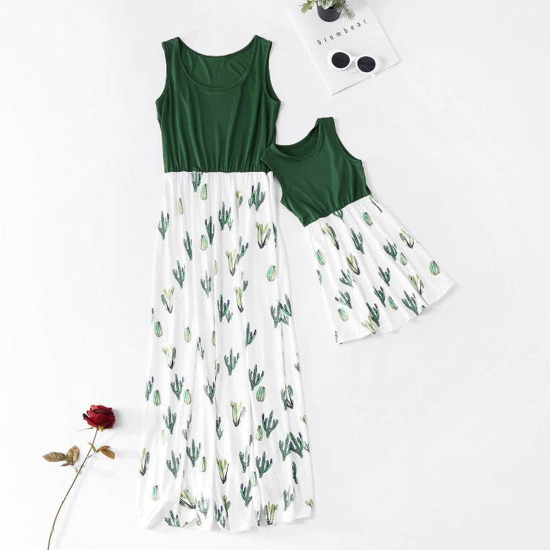 Cactus Print splicing Sleeveless Mommy and Me Maxi Dress (3568679452756)