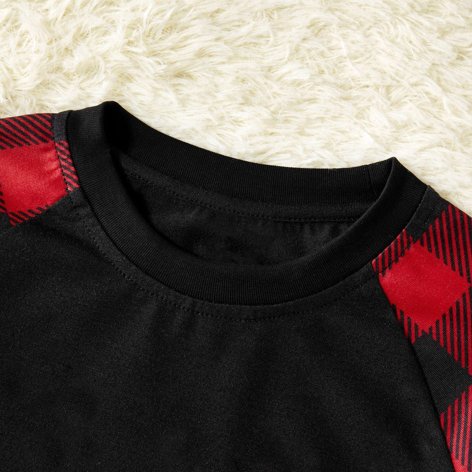 Christmas ”Ho Ho Ho“ Letter Print Santa Claus & Gingerbread & Elk Patterned Contrast Black top and Black & Red Plaid Pants Family Matching Pajamas Set With Dog Bandana