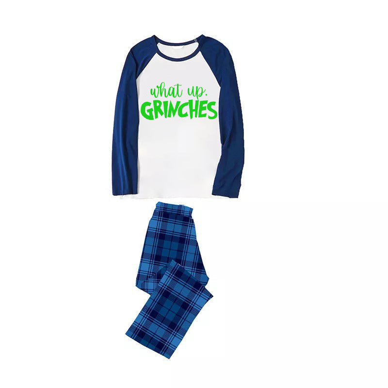 Christmas Cute Cartoon Face and 'What Up' Letter Print Casual Long Sleeve Sweatshirts Contrast Blue & White Top and Black and Blue Plaid Pants Family Matching Pajamas Sets