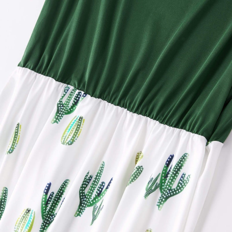 Cactus Print splicing Sleeveless Mommy and Me Maxi Dress (3568679452756)