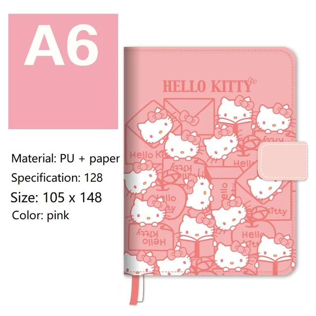 A6 Cute Hello Kitty MINISO Anime Leather Magnetic Buckle Notebook Student Planner Write Office Portable Kawaii School Stationery