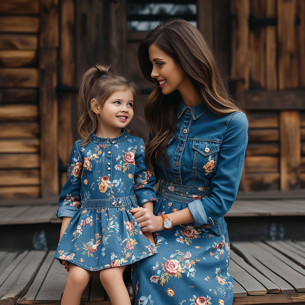 Mother and Daughter Matching Floral Long Sleeve Denim Knee-Length Dresses