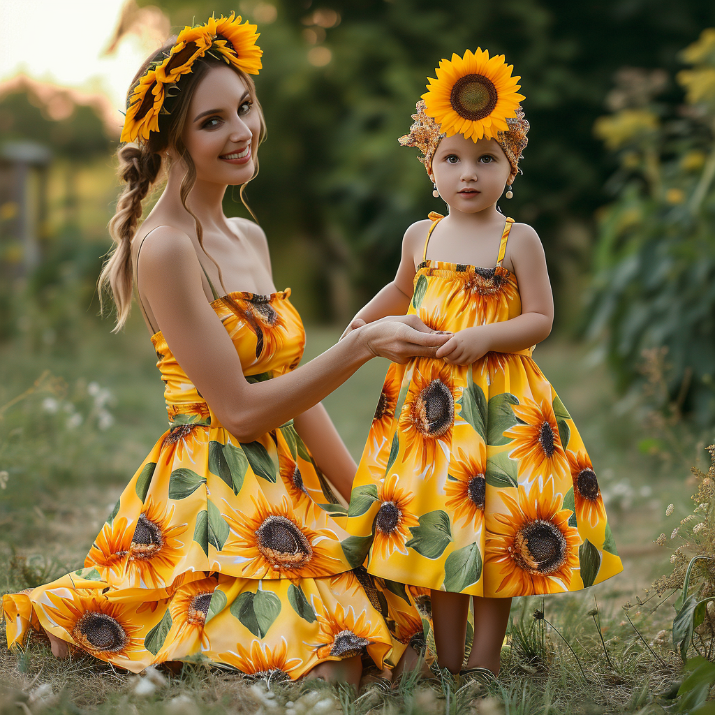 Mother and Daughter Summer Matching Sunflower Dresses