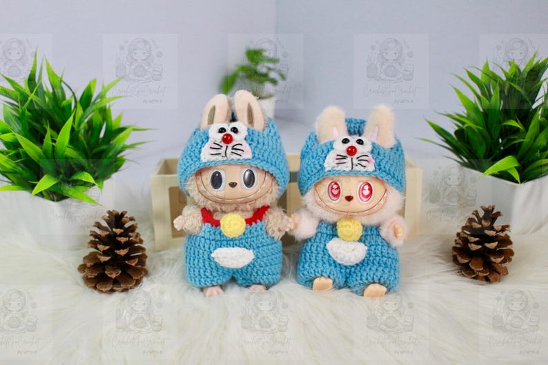 Labubu outfits Cute Animal & Cartoon Knit Series – Bunny/Ladybug/Doraemon & More (No Doll Included)