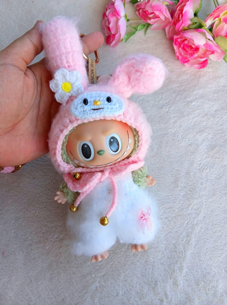 Labubu outfits Fluffy Bunny Suit Set – White A / Pink B (No Doll Included)