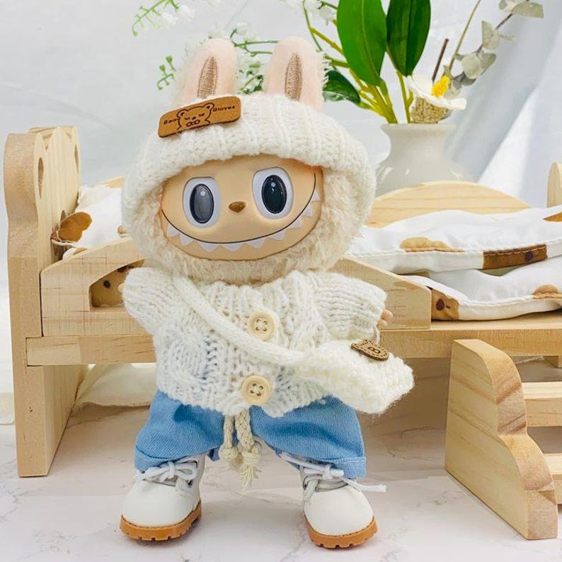 Labubu outfits Casual Knit & Denim Set with Cozy Hat (No Doll Included)