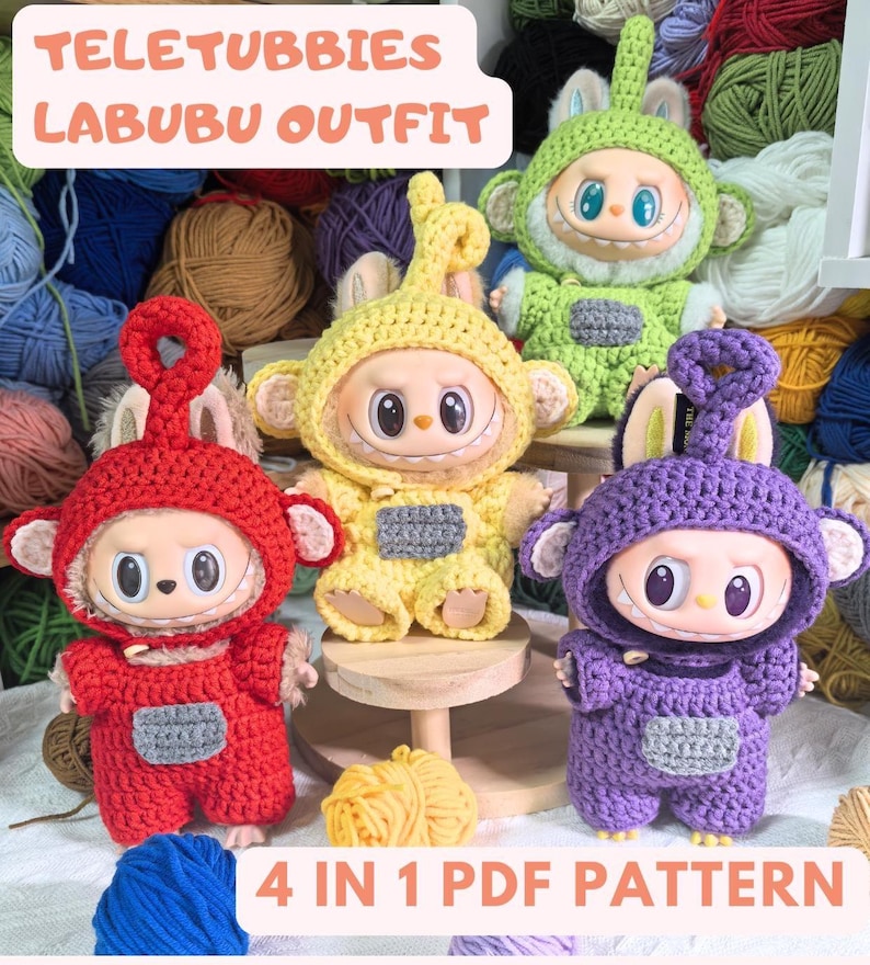 Labubu outfits Hand-Crocheted Color Squad Costume Set – Red / Yellow / Green / Purple (No Doll Included)