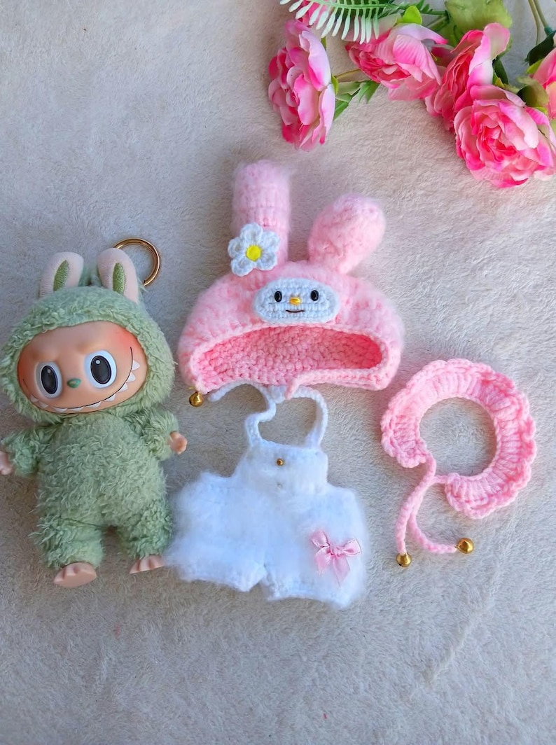 Labubu outfits Fluffy Bunny Suit Set – White A / Pink B (No Doll Included)