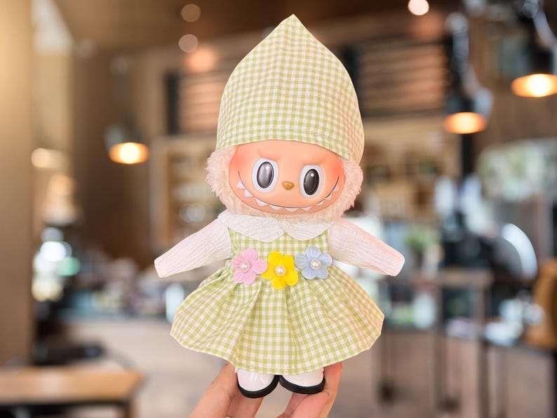 Labubu outfits Spring Floral Dress Series – Long Skirt / Plaid Hood / Short Dress (No Doll Included)