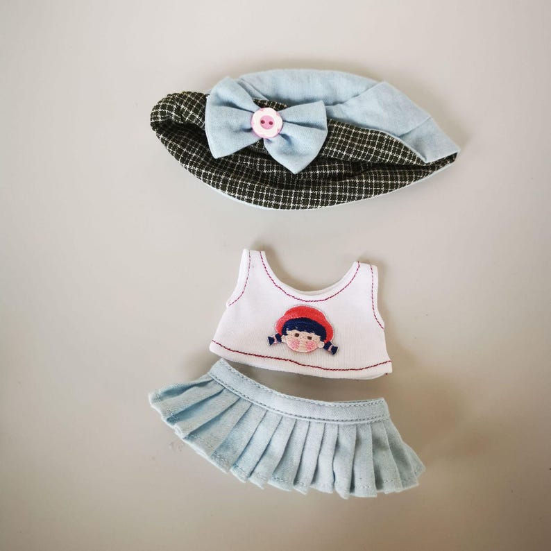 Labubu outfits French Schoolgirl Beret Set – Blue/Green Skirt Version (No Doll Included)