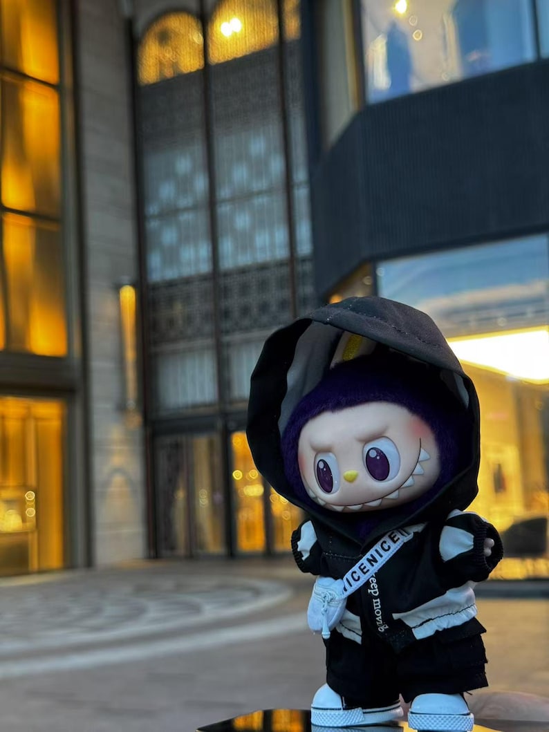 Labubu Streetwear Hoodie Set – Black Hoodie + Shorts + Accessories (No Doll Included)