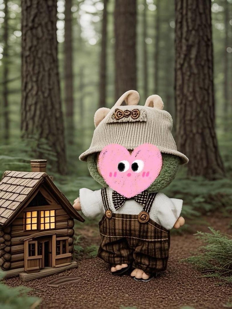 Labubu outfits Forest Cottage Explorer Set with Embroidered Hat (No Doll Included)