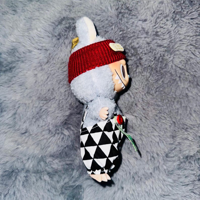 Labubu outfits Retro Harlequin Style Set with Red Beanie (No Doll Included)