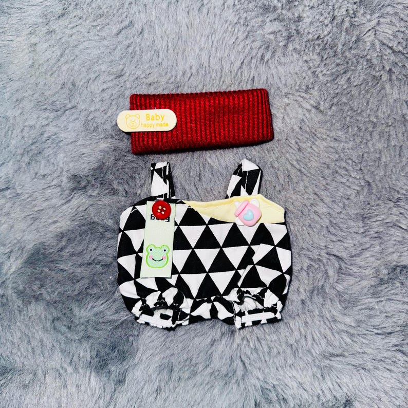 Labubu outfits Retro Harlequin Style Set with Red Beanie (No Doll Included)