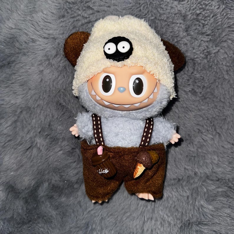 Labubu outfits Playful Puppy Costume Set with Overalls – Clothes Only / with Shoes (No Doll Included)