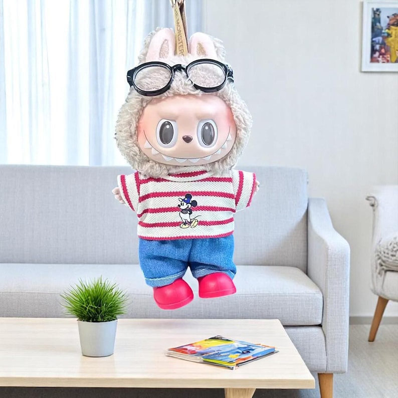 Labubu outfits Striped Tee & Shorts Casual Look Set A/B with Glasses (No Doll Included)