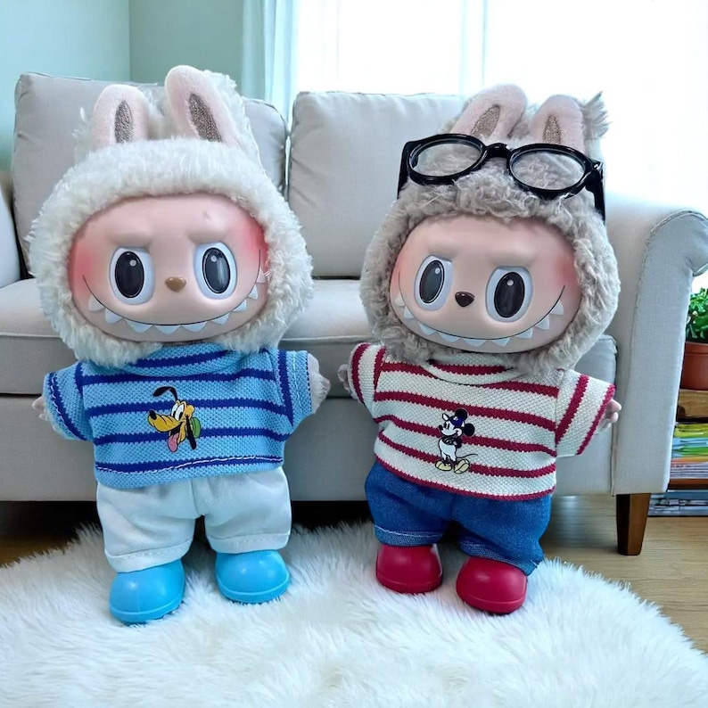 Labubu outfits Striped Tee & Shorts Casual Look Set A/B with Glasses (No Doll Included)