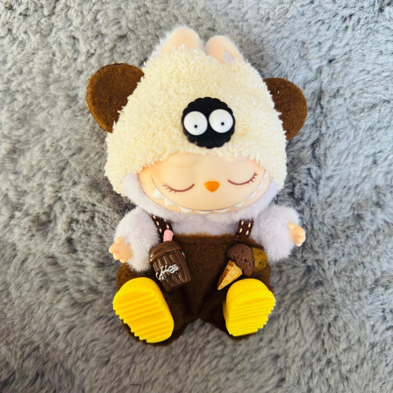 Labubu outfits Playful Puppy Costume Set with Overalls – Clothes Only / with Shoes (No Doll Included)