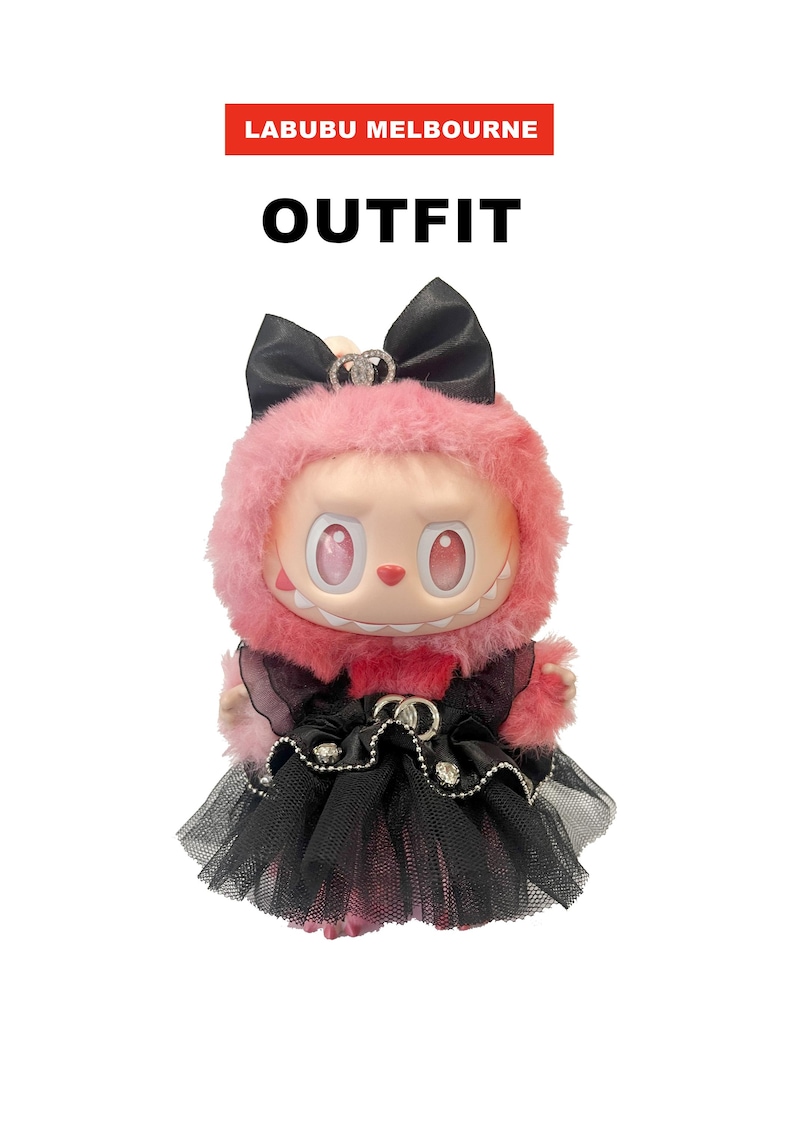 Labubu outfits Gothic Lolita Black Dress Set with Hair Bow & Plush Bag (No Doll Included)