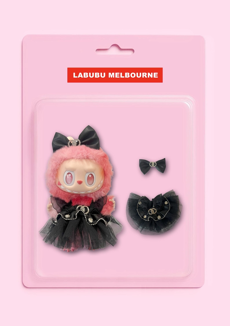 Labubu outfits Gothic Lolita Black Dress Set with Hair Bow & Plush Bag (No Doll Included)