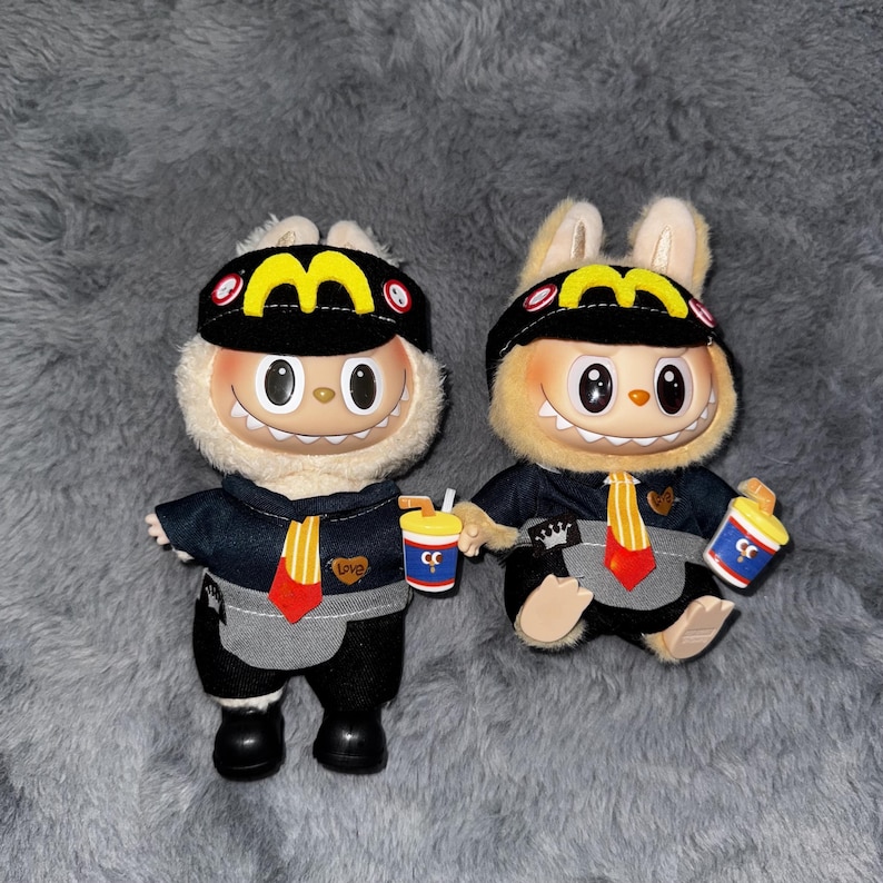 Labubu outfits Fast-Food Employee Uniform Set with Hat & Tie (No Doll Included)