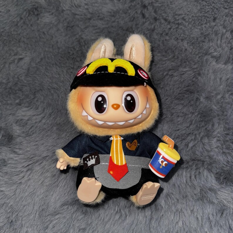 Labubu outfits Fast-Food Employee Uniform Set with Hat & Tie (No Doll Included)