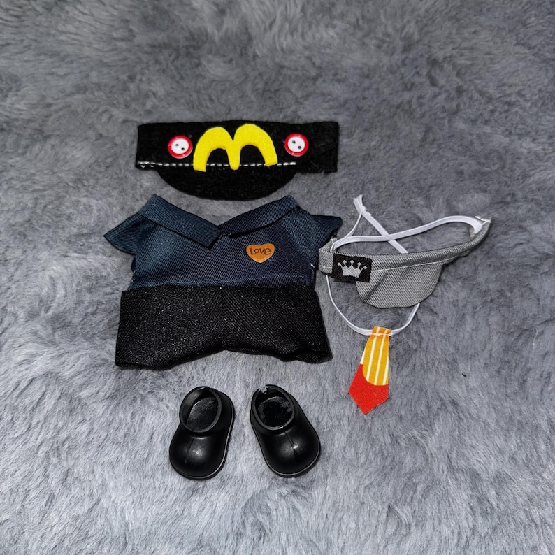 Labubu outfits Fast-Food Employee Uniform Set with Hat & Tie (No Doll Included)
