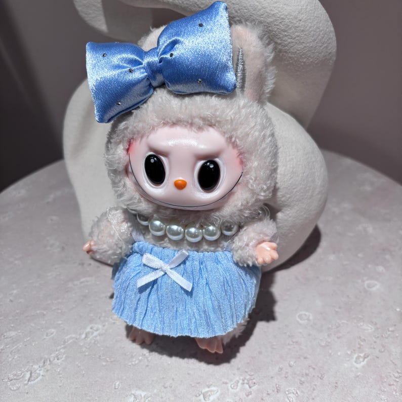 Labubu outfits Elegant Blue Bow Dress Set with Pearl Detail (No Doll Included)