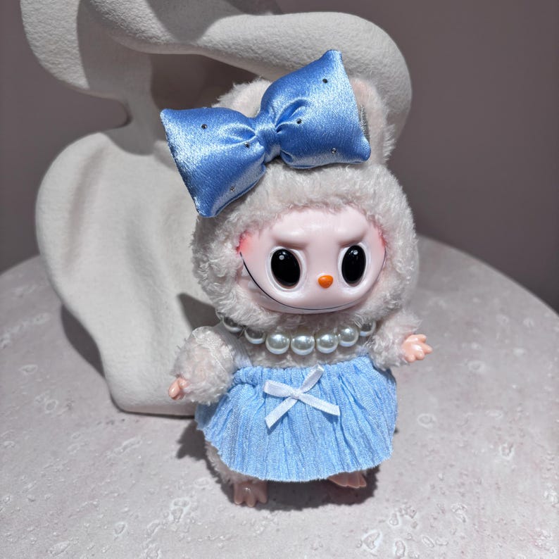 Labubu outfits Elegant Blue Bow Dress Set with Pearl Detail (No Doll Included)