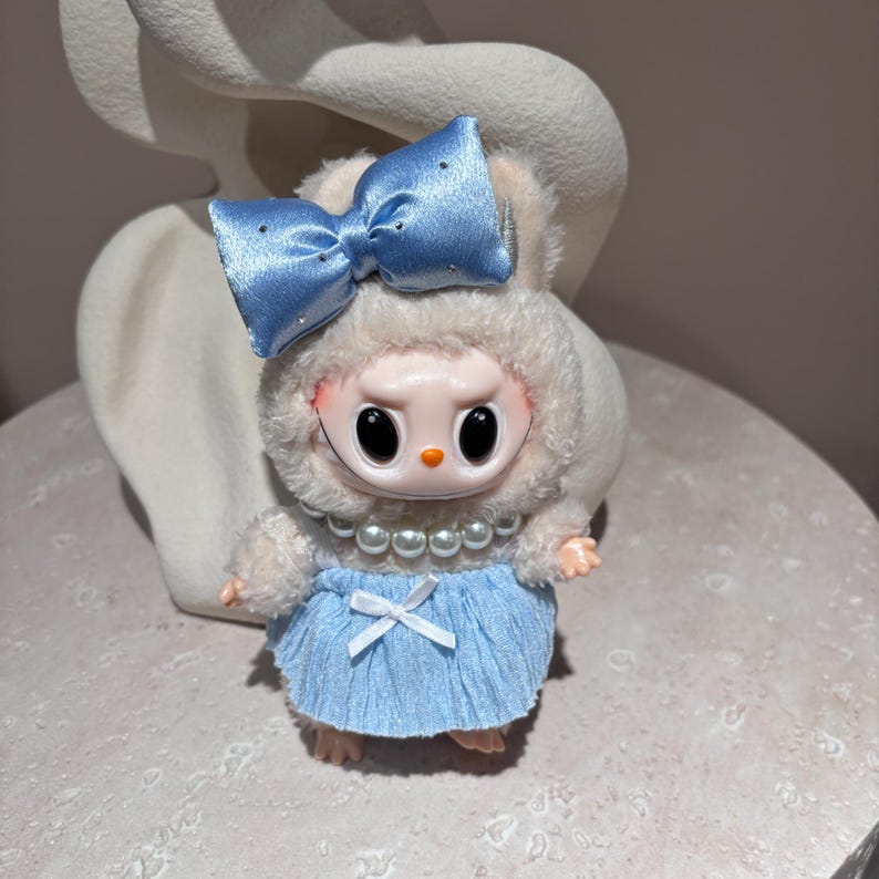 Labubu outfits Elegant Blue Bow Dress Set with Pearl Detail (No Doll Included)
