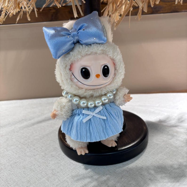 Labubu outfits Elegant Blue Bow Dress Set with Pearl Detail (No Doll Included)