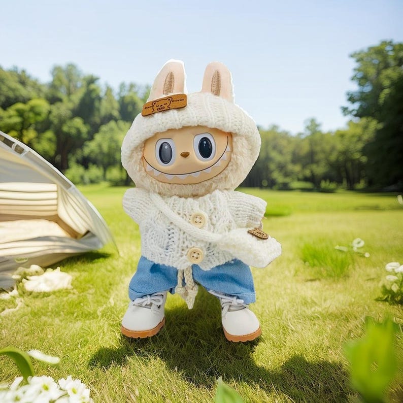 Labubu outfits Casual Knit & Denim Set with Cozy Hat (No Doll Included)