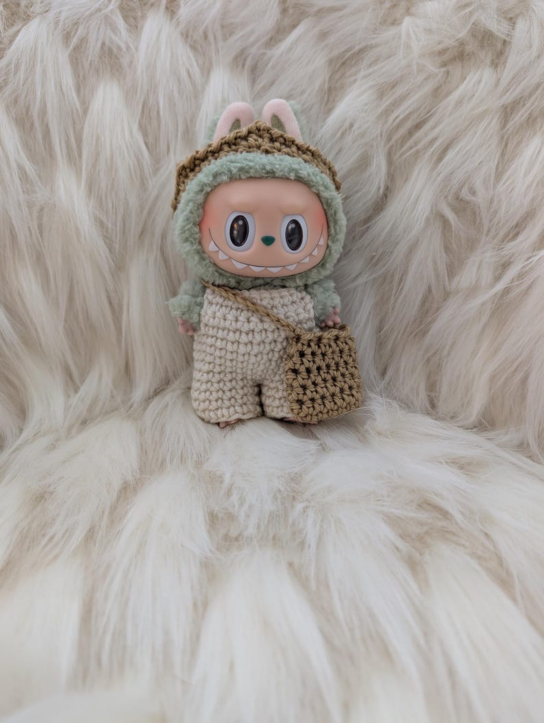 Labubu outfits Knitted Minimalist Earth Tone Set with Woven Bag (No Doll Included)