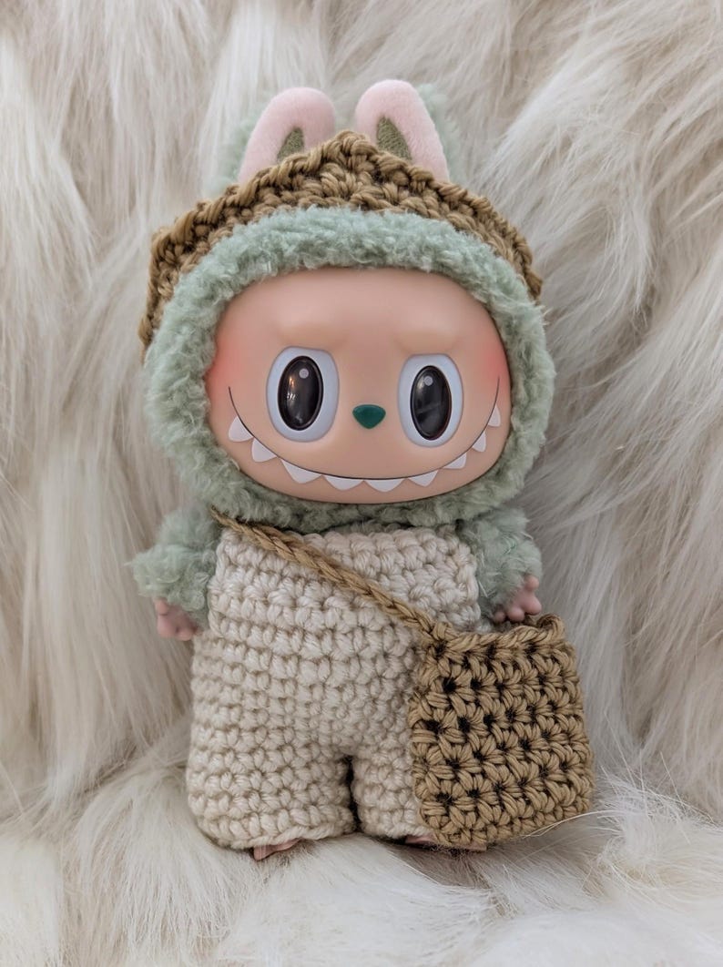 Labubu outfits Knitted Minimalist Earth Tone Set with Woven Bag (No Doll Included)