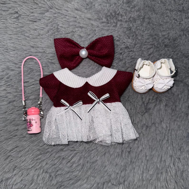 Labubu outfits Vintage School Dress Set with Bow & Bag (No Doll Included)