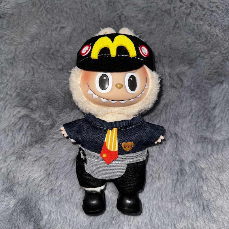 Labubu outfits Fast-Food Employee Uniform Set with Hat & Tie (No Doll Included)