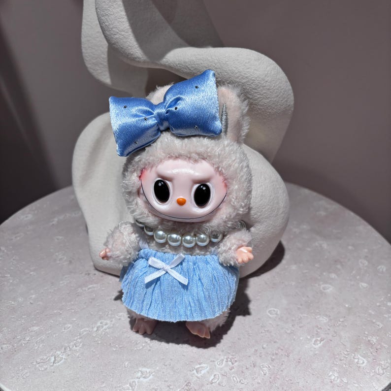 Labubu outfits Elegant Blue Bow Dress Set with Pearl Detail (No Doll Included)