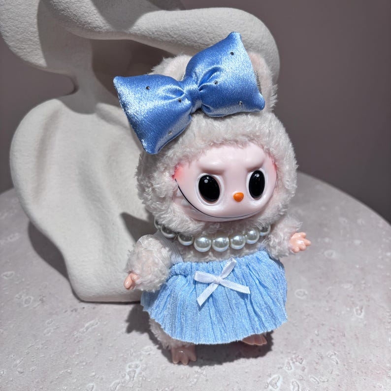 Labubu outfits Elegant Blue Bow Dress Set with Pearl Detail (No Doll Included)