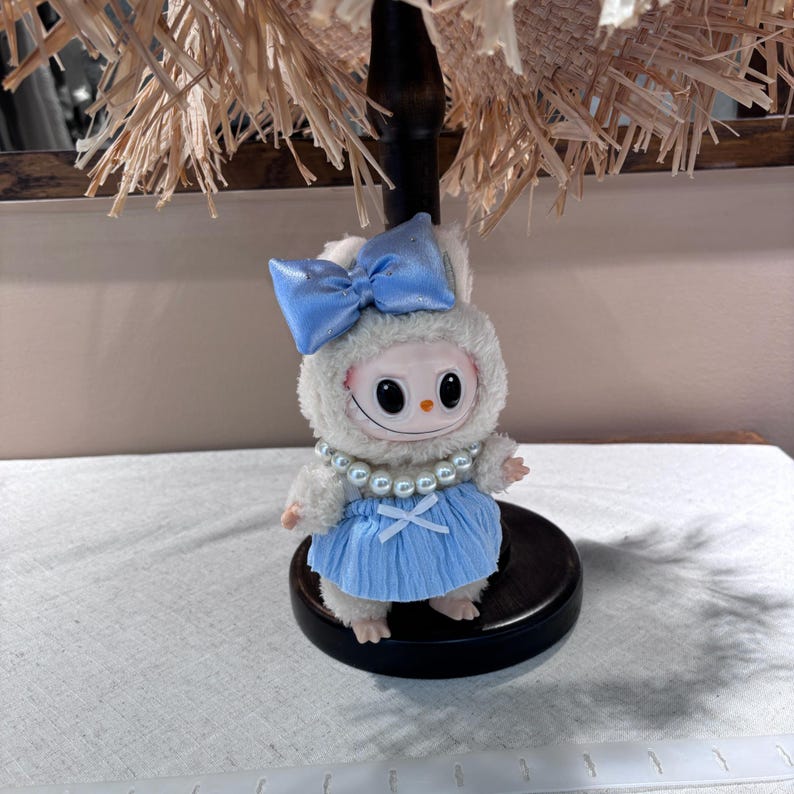 Labubu outfits Elegant Blue Bow Dress Set with Pearl Detail (No Doll Included)