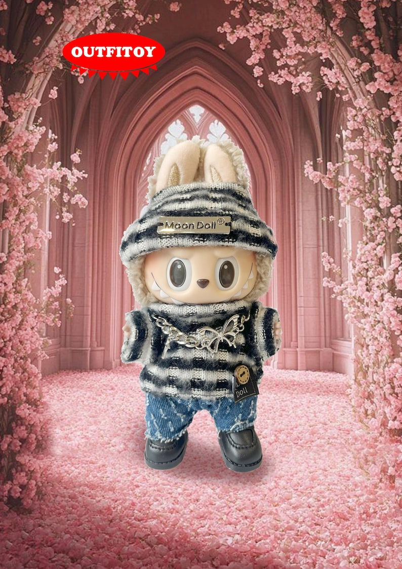 Labubu outfits Winter Knit Streetwear Set – Monochrome Blue Edition (No Doll Included)