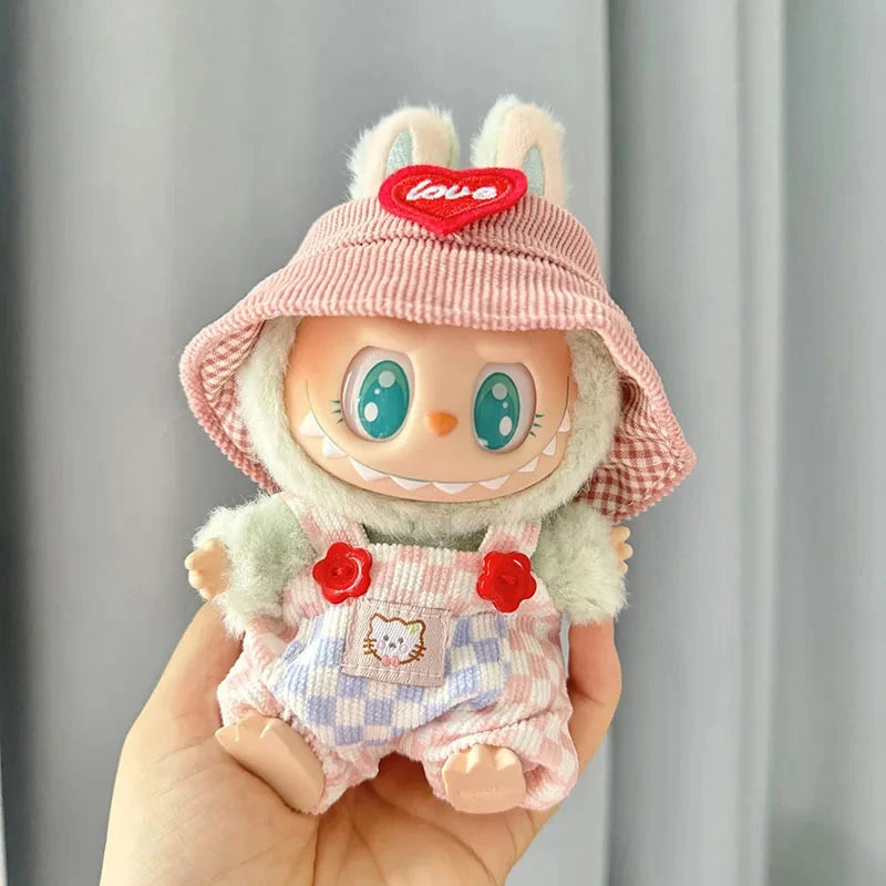 Labubu Outfits Candy Dungaree Set with Bucket Hat – Blue or Pink (No Doll Included)