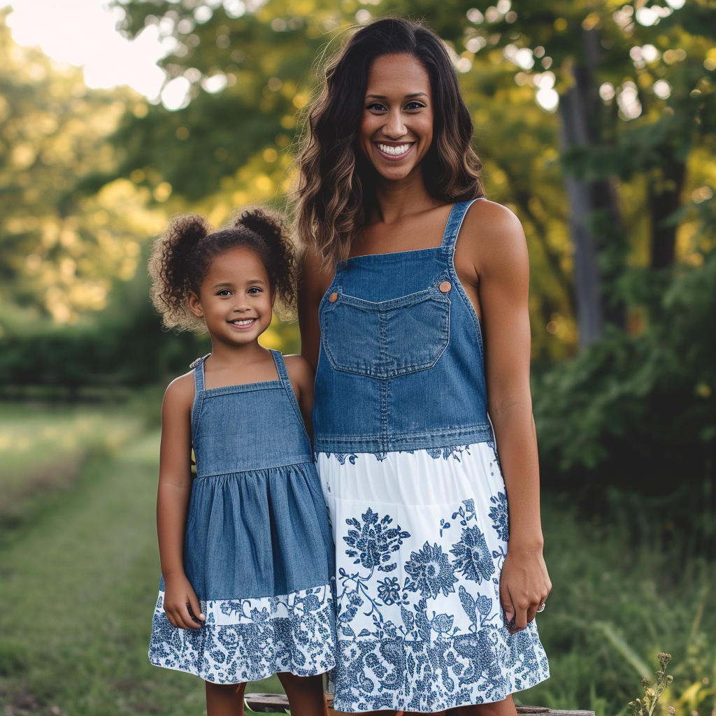 Mother and Daughter Matching Denim Patchwork White Floral Print Dresses