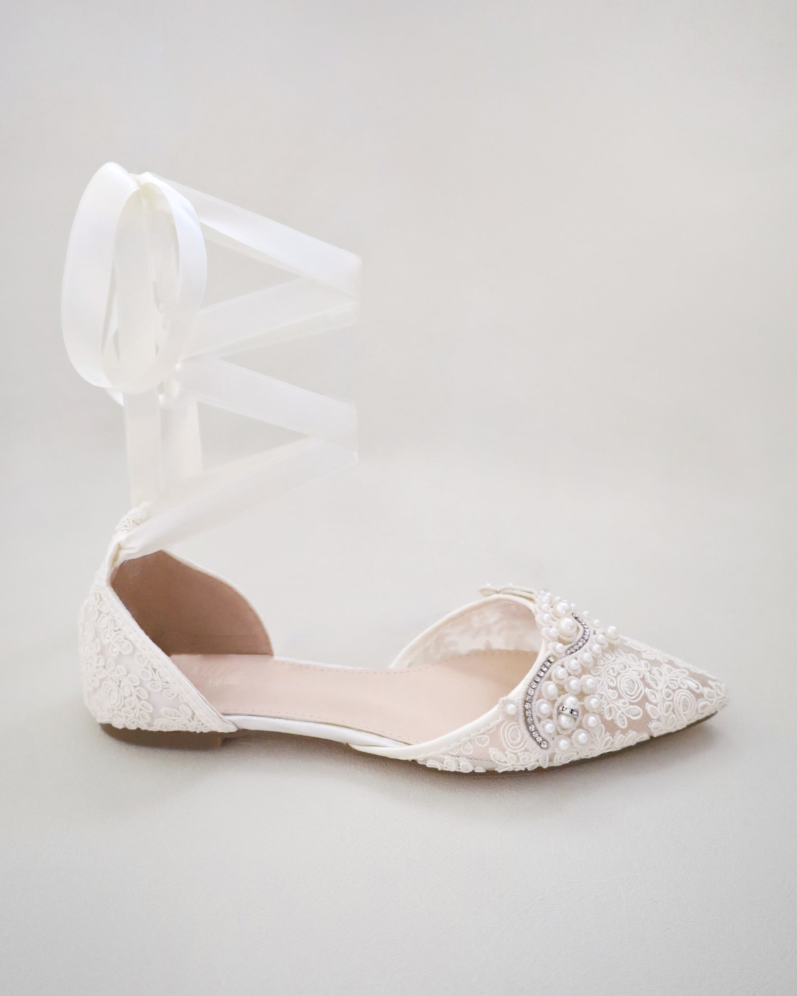 Crochet Lace Pointy Toe Flats with Small Pearls Applique