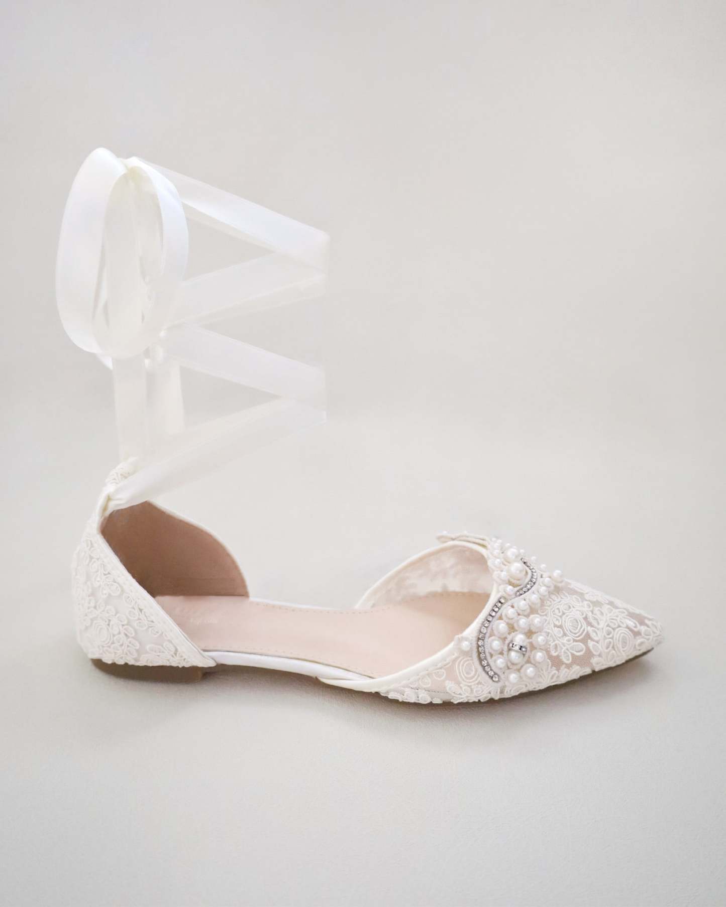 Crochet Lace Pointy Toe Flats with Small Pearls Applique