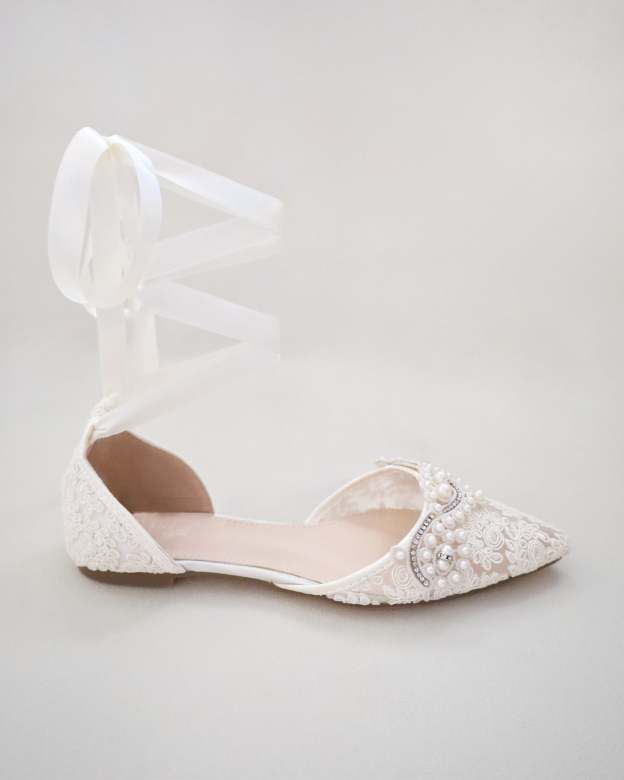 Crochet Lace Pointy Toe Flats with Small Pearls Applique