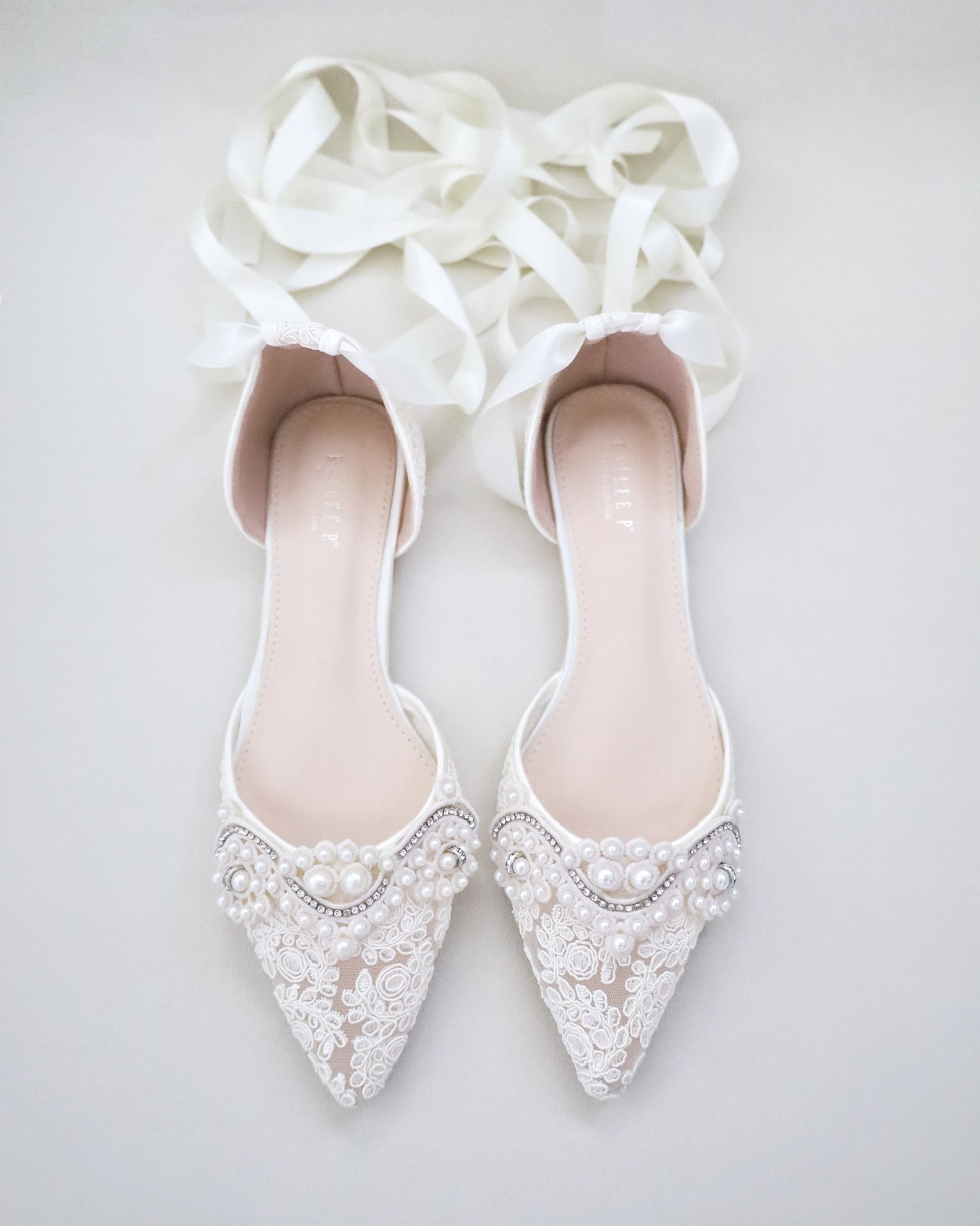 Crochet Lace Pointy Toe Flats with Small Pearls Applique