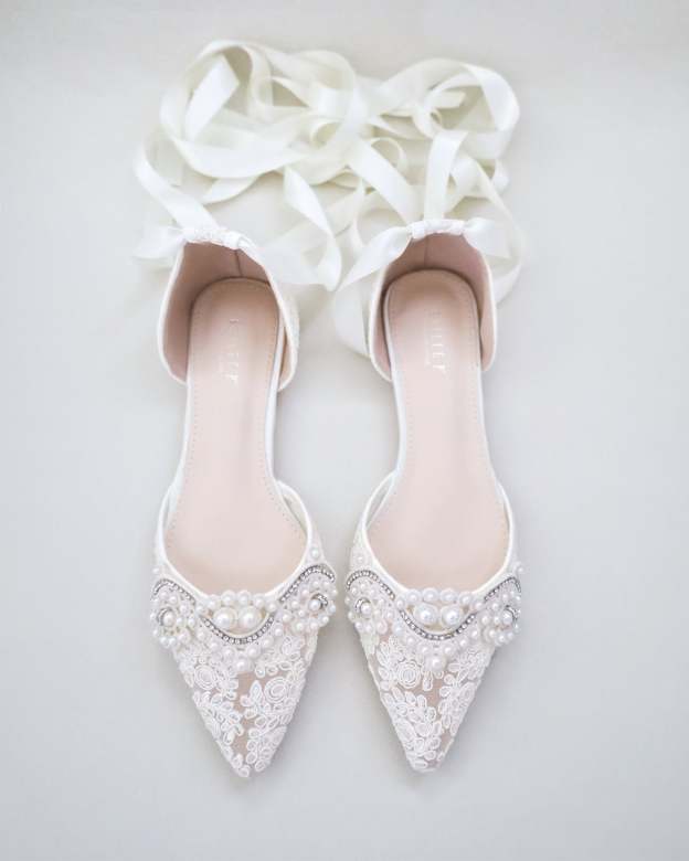 Crochet Lace Pointy Toe Flats with Small Pearls Applique