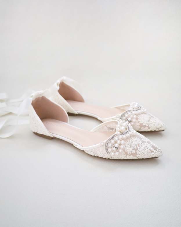 Crochet Lace Pointy Toe Flats with Small Pearls Applique